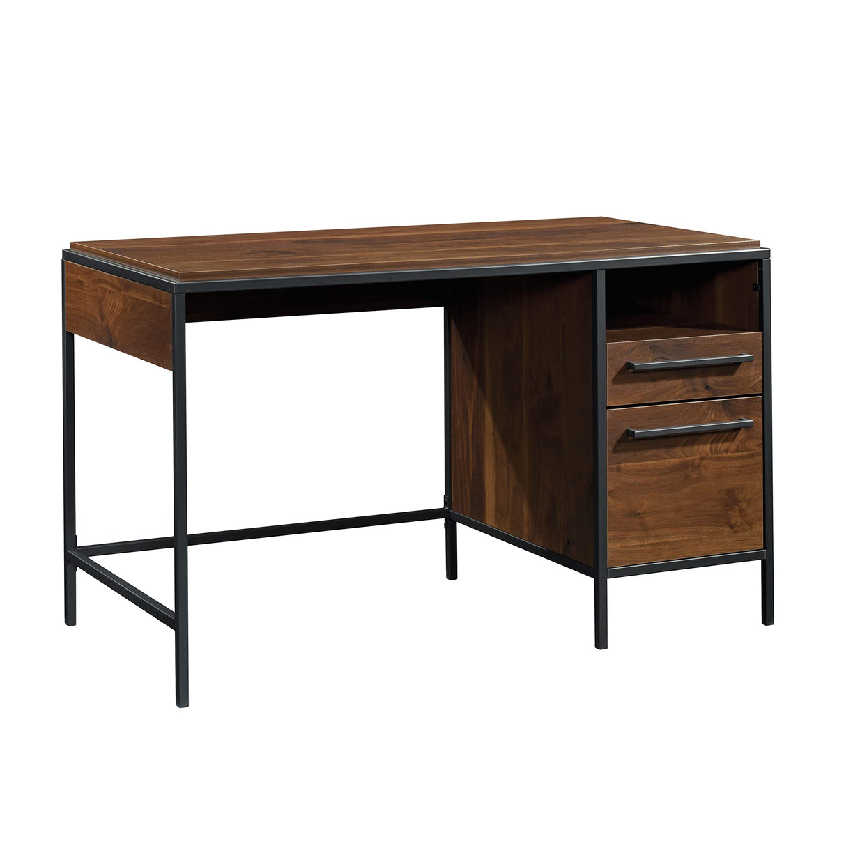 Sauder Nova Loft Single Ped Desk, L: 48.74" x W: 24.96" x H: 29.53", Grand Walnut Finish Sauder