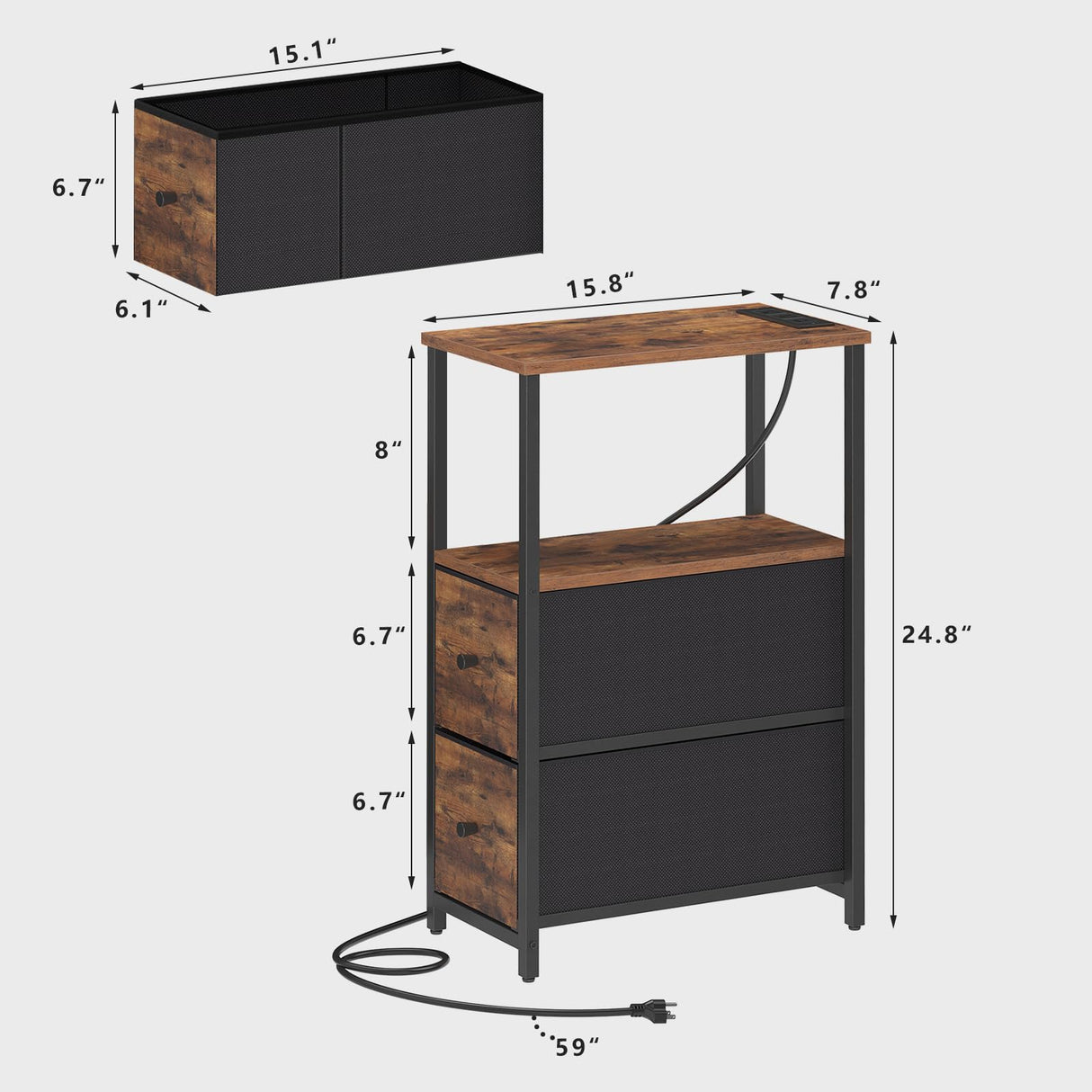 TUTOTAK Small Narrow End Table with Charging Station, Set of 2, Side Table with Outlets, Nightstand with 2 Cloth Drawers, Couch Table, for Living Room, Bedroom, Bedside, Brown TB01BB055 TUTOTAK