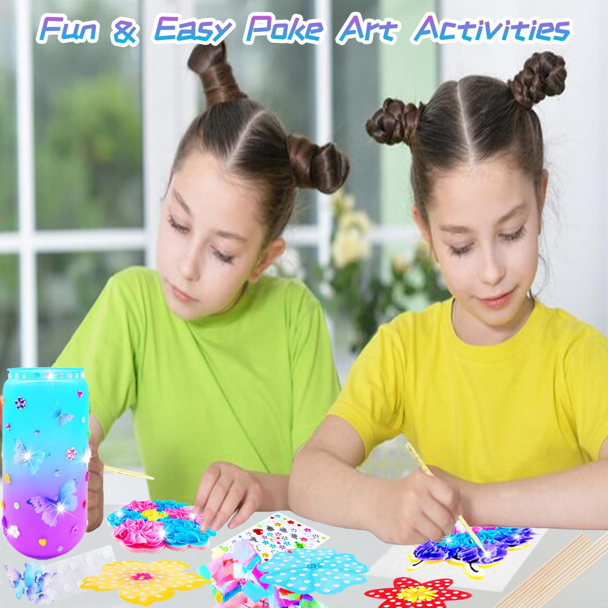 FJBICODA Poke Art Flower Bouquet Craft Kit - Arts and Crafts for Girls Ages 5-12 - Make Your Own Bouquet with 8 Flowers 2 Butterflies & 1 Vase - DIY Activities Gifts for 5 6 7 8 9 10+ Year Old Kids FJBICODA