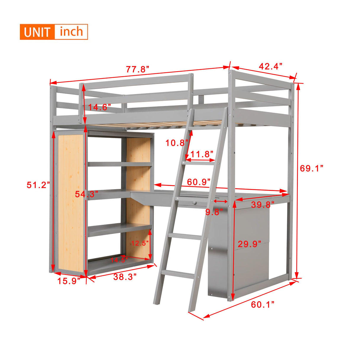 Harper & Bright Designs Twin Loft Bed with Desk, Shelves, and Storage in Grey Harper & Bright Designs
