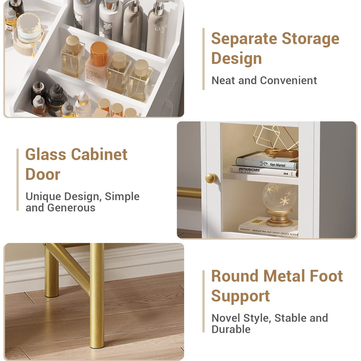 AOGLLATI Makeup Vanity with Lights in 3 Colors, Vanity Desk with Mirror and Lights, White Vanity Table with Charging Station, Makeup Desk with Unique Separation Design AOGLLATI