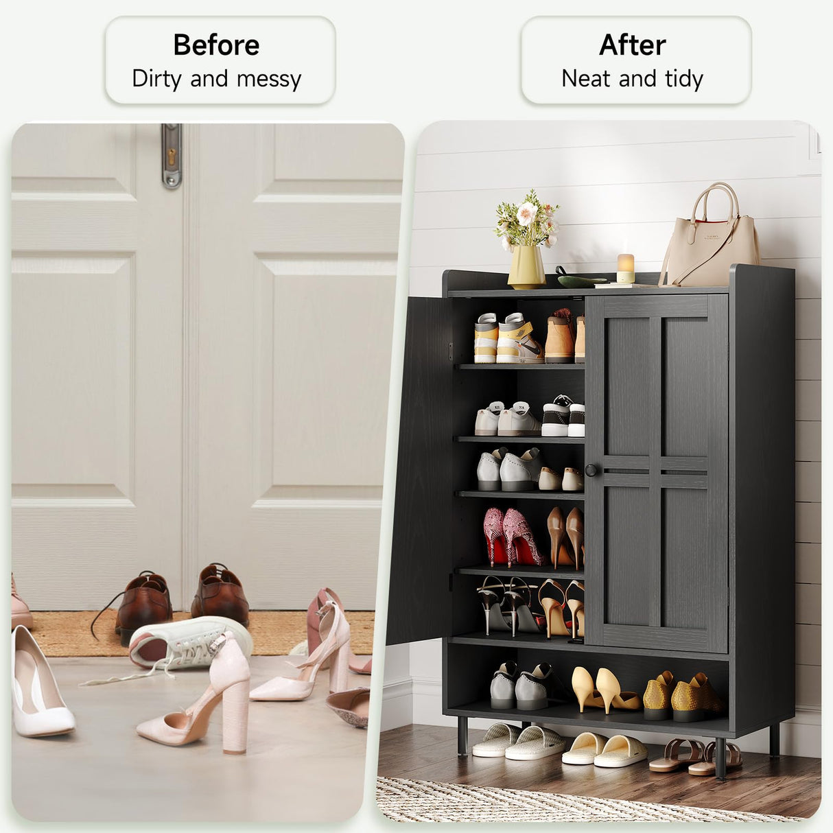 ONBRILL Shoe Cabinet with Cross Molding Doors, 6-Tier Shoe Storage Cabinet with 3 Adjustable Shelves and Metal Legs, 45'' Tall Shoes Rack Organizer Cabinet for Entryway, Front Door, Black ONBRILL