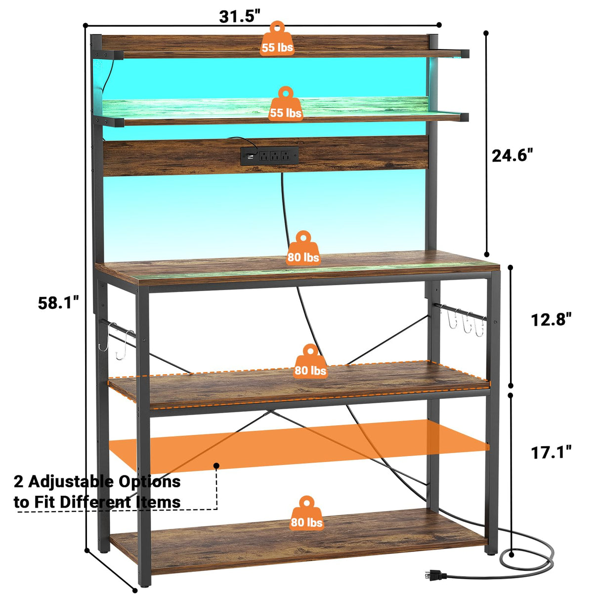 Aheaplus Bakers Rack with Power Outlet, Microwave Stand, 5 Tiers Coffee Bar Station with Led Lights, Kitchen Storage Shelf with 6 S-Shaped Hooks, Kitchen Rack Coffee Bar Stand, Rustic Brown Aheaplus