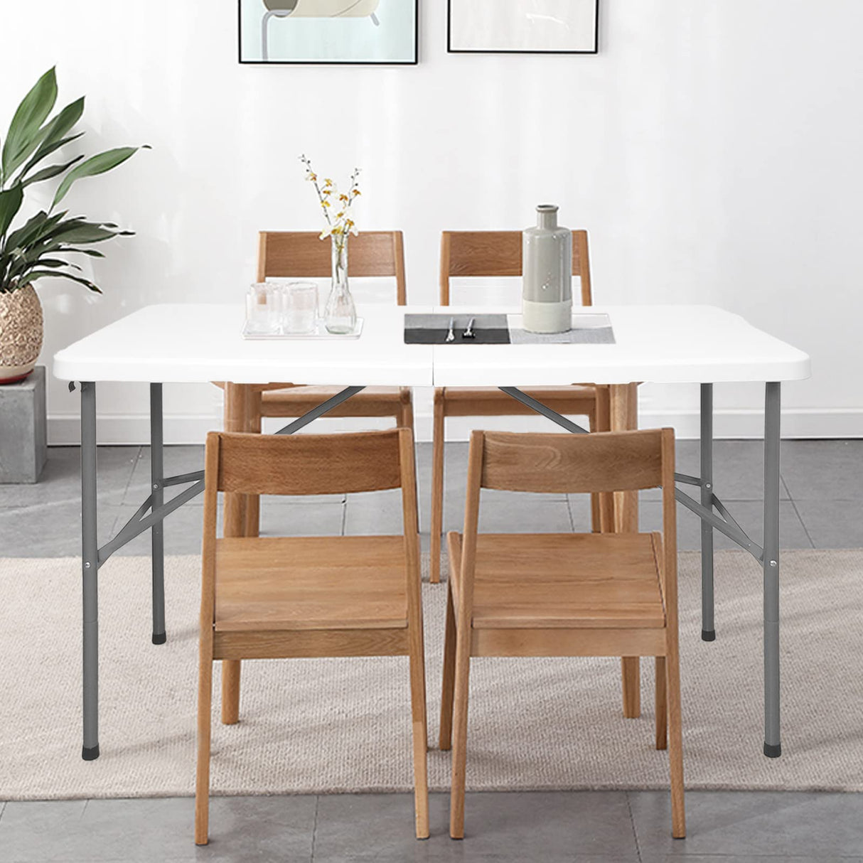 HYMnature Folding Table 4ft Heavy Duty Folding Tables Indoor Outdoor Plastic Dining Table Portable Folding Square Card Table w/Handle for Picnic, Party, Camping (4 FT) HYMnature