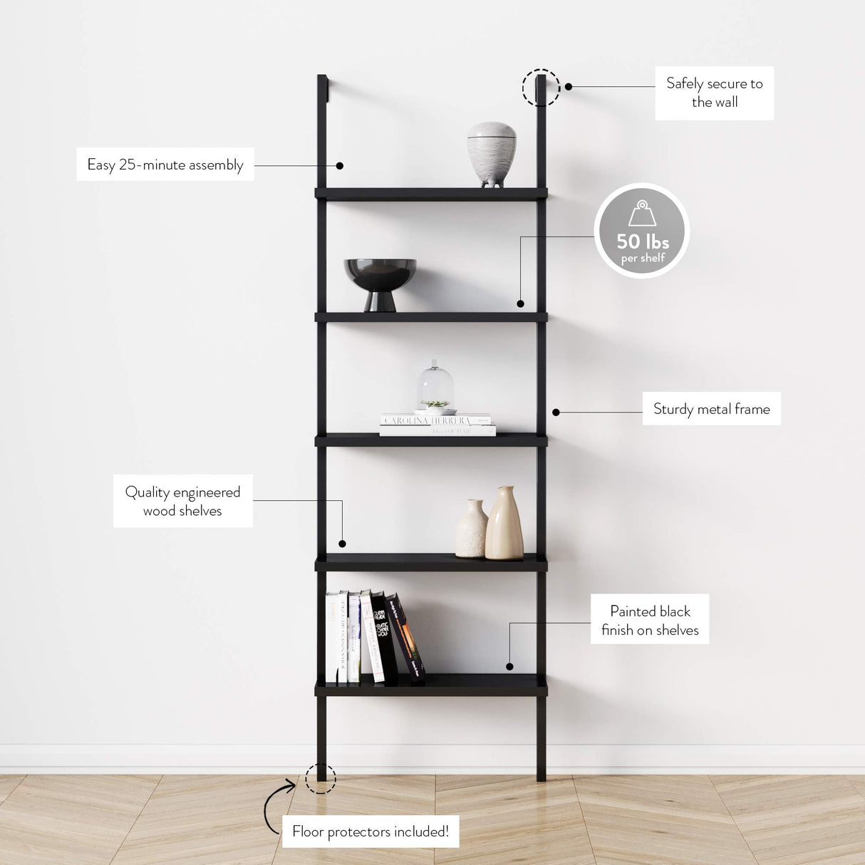 Nathan James Theo 5-Shelf Black Modern Bookcase, Open Wall Mount Ladder Bookshelf with Industrial Metal Frame Nathan James