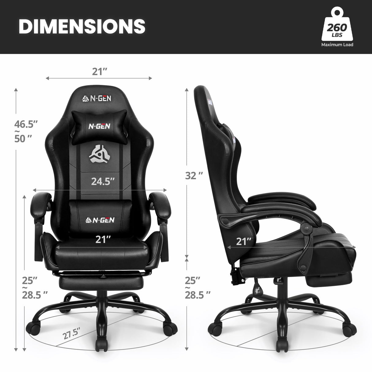 N-GEN GAMING Video Gaming Chair with Footrest High Back Ergonomic Comfortable Office Computer Desk with Lumbar Support Height Adjustable with PU Leather Recliner for Adults Women Men (Black) N-GEN GAMING