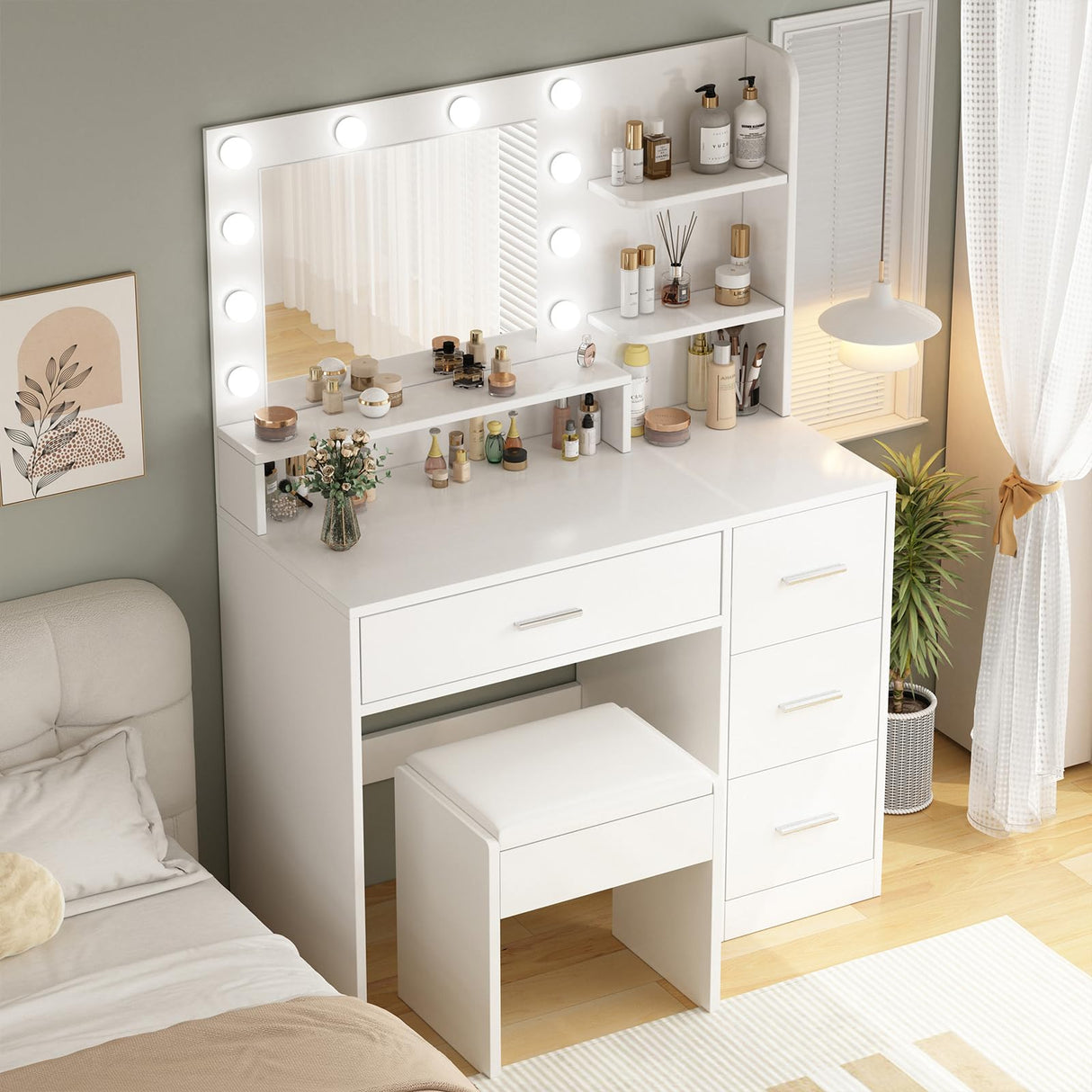OTOQS Makeup Vanity Desk with Mirror and Light,Dressing Table Set with 3 Color Modes LED Lights,Large and Three Level Storage Dresser, for Bedroom Dressing Room,White OTOQS