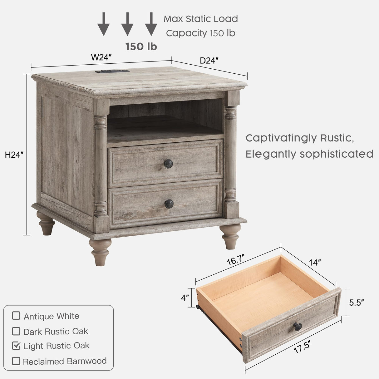 T4TREAM 24'' Farmhouse End Table w/4 Solid Wood Feet, Large 2 Drawers Wide Sofa Side Table with Charging Station, Tall Rustic Wood Square Nightstand for Living Room, Bedroom, Office, Light Rustic Oak T4TREAM