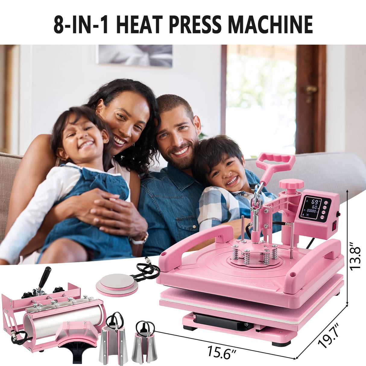 Leomru 8 in 1 Heat Press Machine 15x15 Inch, Heat Press Machine for T Shirts Hat Cap Mug Plate 360° Swing Away, Sublimation Heat Press Heat Transfer Machine W/ 30OZ Tumbler Press Pink Leomru