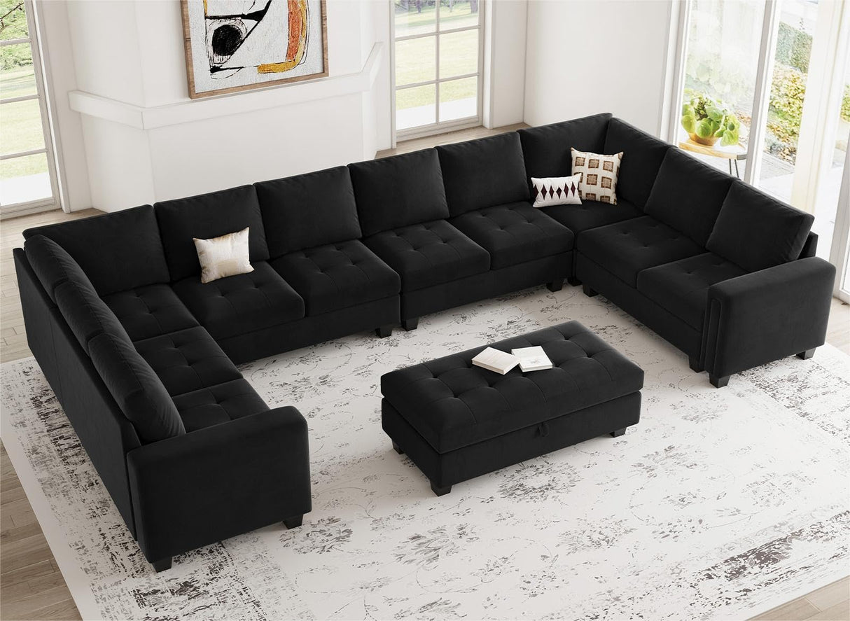 Belffin Oversized Modular Sectional Sofa U Shaped Sofa with Storage Ottoman Convertible 10-Seater Velvet Sectional Sofa with Chaises Black Belffin