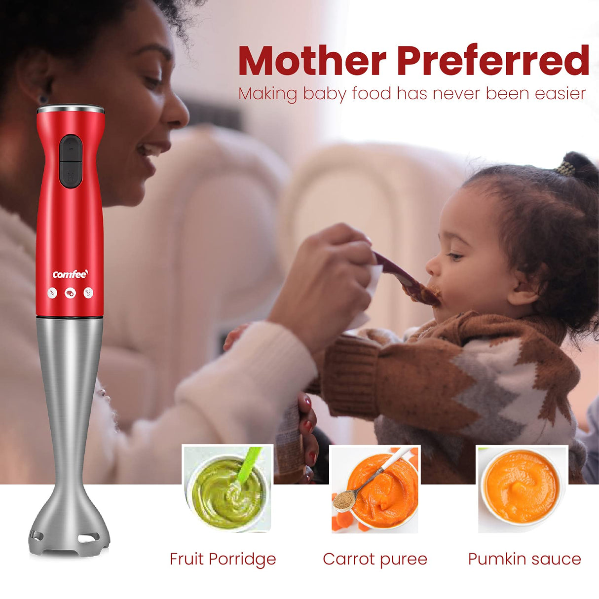 COMFEE' Immersion Hand Blender, Brushed Stainless Steel, 2-Speed, Multipurpose Stick Blender with 200 Watts, 600ml Mixing Beaker and Whisk, Perfect for Baby Food, Smoothies, Sauces and Soups, Red COMFEE'