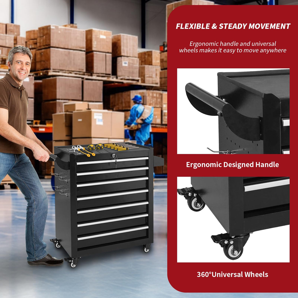 Barphygo Rolling Tool Chest, 7-Drawers Metal Tool Box with Wheels, Garage Storage Tool Cart with Lock Tools Drawer Organization Toolbox for Warehouse, Workshop & Repair Shop Barphygo