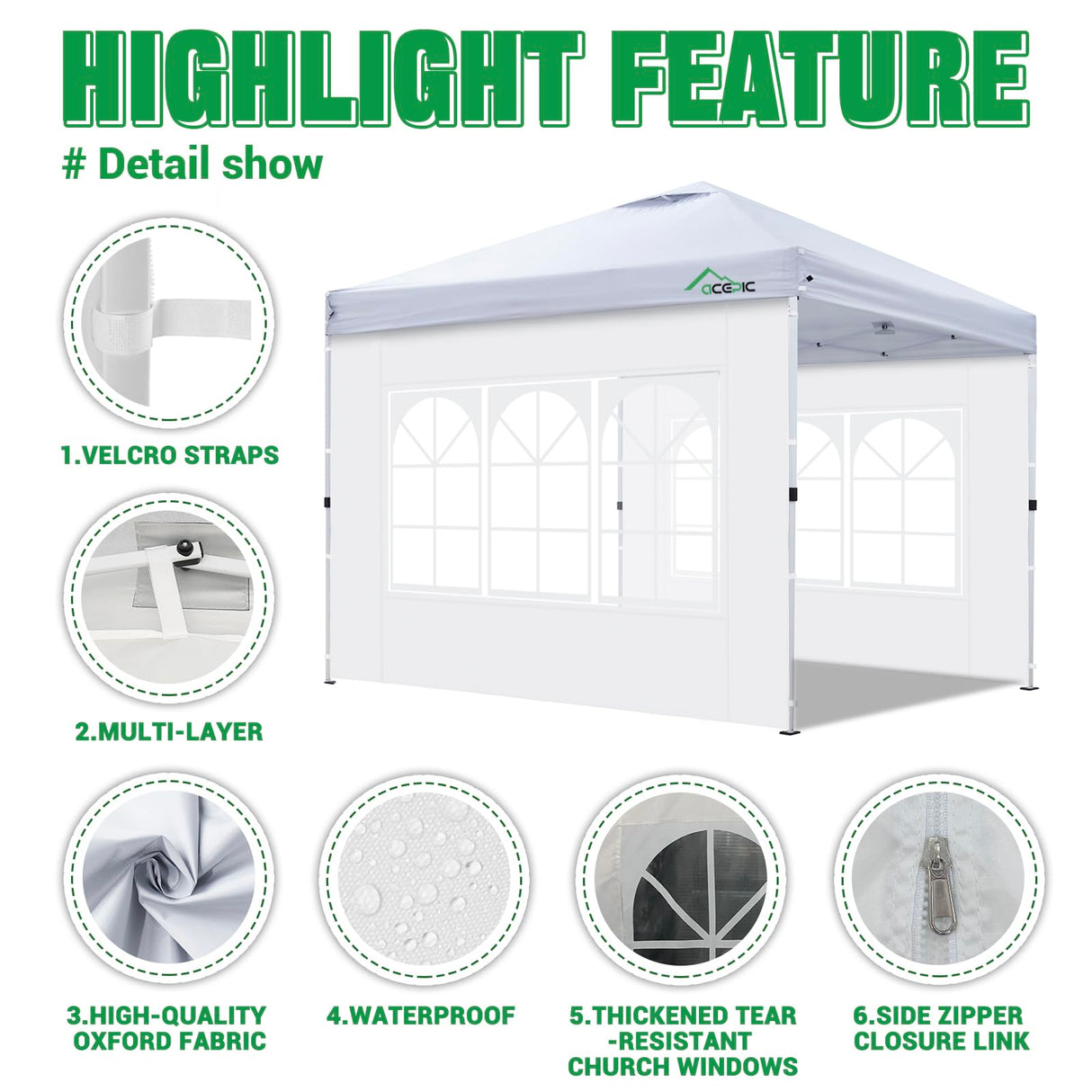 Acepic 3Pcs Instant Canopy Tent Sidewalls for 10x10 Pop-Up Canopy, Garden Gazebo, 210D Oxford Fabric Waterproof, White (Tent NOT Included) Acepic
