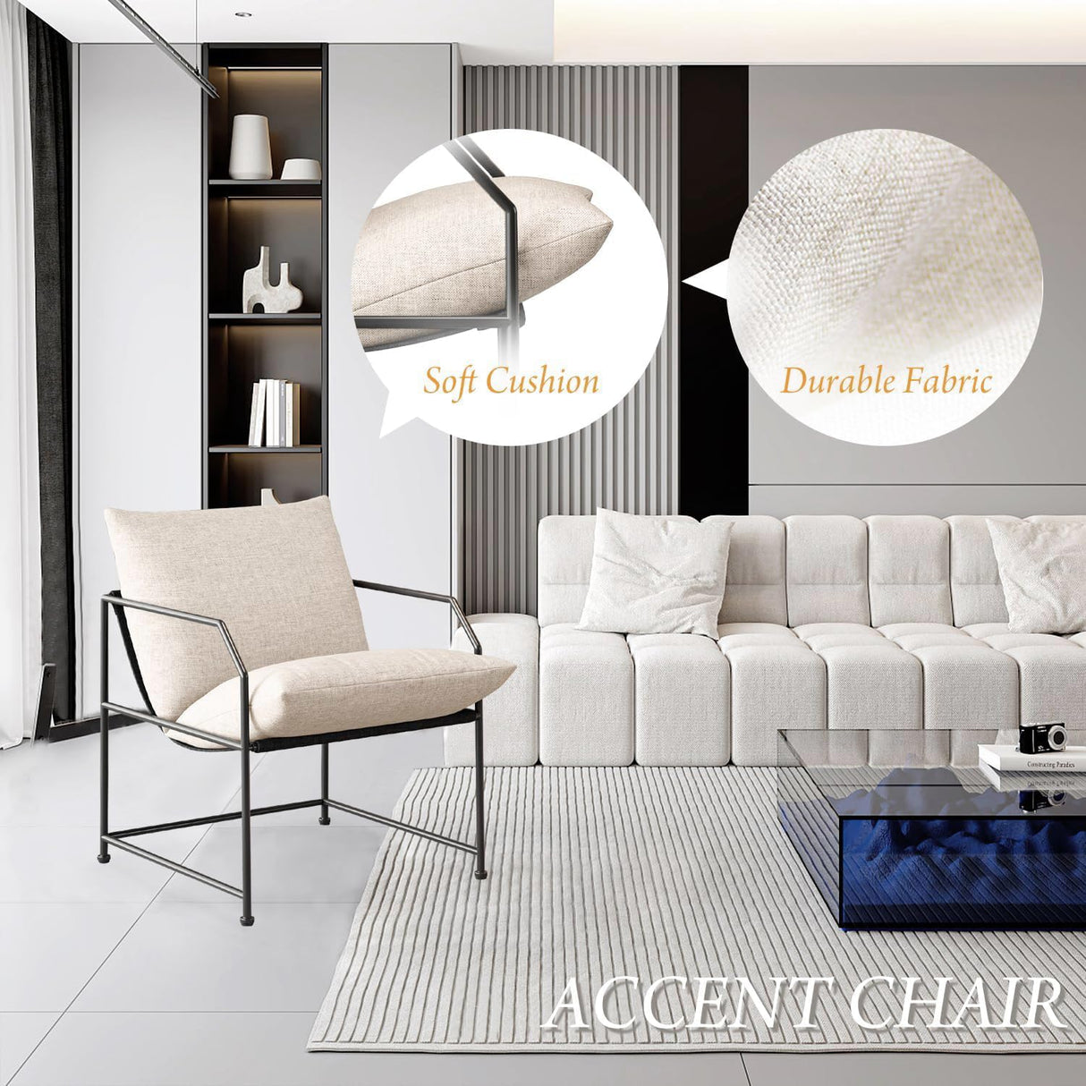 Accent Chair Living Room Chairs Accent Chairs Set of 2 Comfy Reading Chair for Bedroom Upholstered Lounge Chair Mid Century Modern Arm Chair Side Sofa Chair Armchair Waiting Room Chairs(Cream, 2) YEEFY