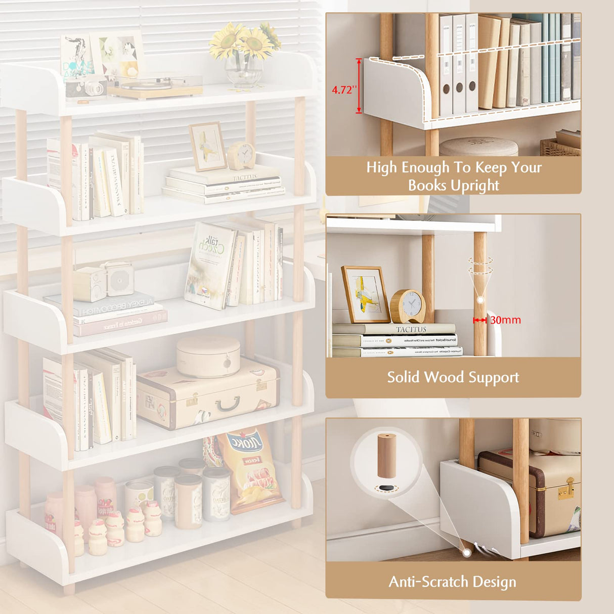 Modern 5-Tier Open Bookcase in Warm White with Solid Wood Frame and Side Panels OSCHF