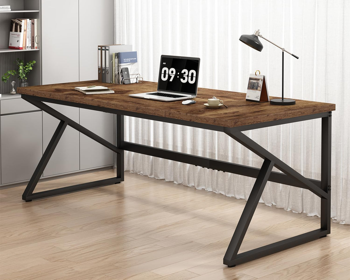 HSH Large Rustic Brown Computer Desk, 70 Inch Home Office Metal Wood Desk for 2 Person, Farmhouse Extra Long Writing Study Gaming Desk Table, Bedroom Living Room PC Laptop Dual Monitor Desk HSH