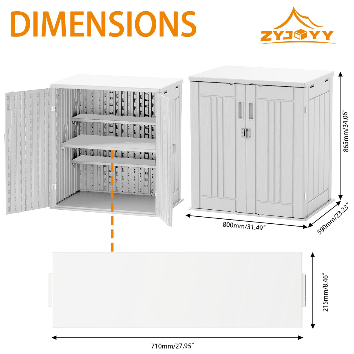 Outdoor Storage Cabinet with 2 Shelves, Waterproof Resin Vertical Tool Shed, Lockable 15 cu. ft. Storage Shed for Patio, Garden, Yard, Dark White ZYJOYY