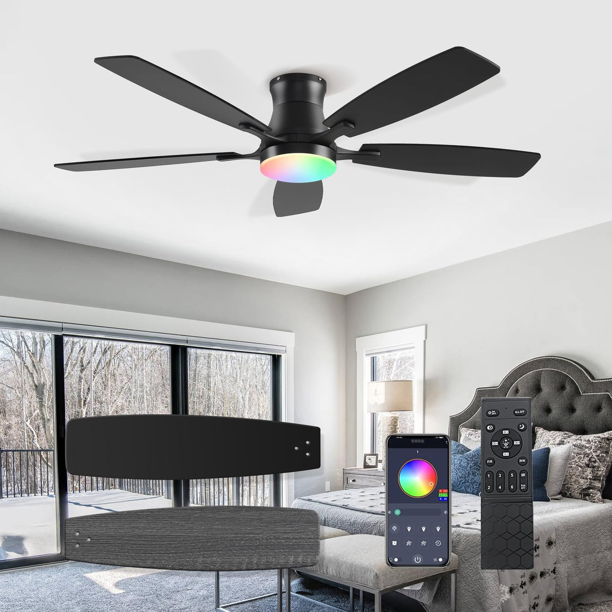 FUMLTP 54inch Ceiling fans with Lights, Low Profile RGB Ceiling fan with Light and Remote/App Control, Dimmable, DC Reversible Motor, Noiseless, 6 Speeds, Black Ceiling Fan For Bedroom Indoor Outdoor FUMLTP