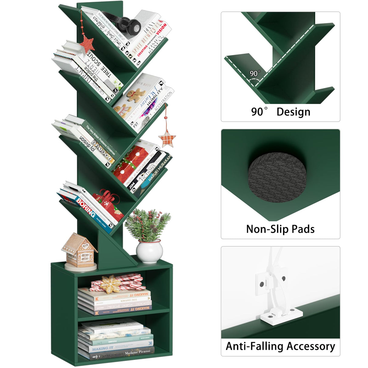 SHEEPAM 10 Tier Tree Bookshelf,Christmas Green Bookcase for Narrow Space, Storage Organizer Floor Standing Bookshelves for Books, Tall Book Case for Home Office, Living Room, Bedroom