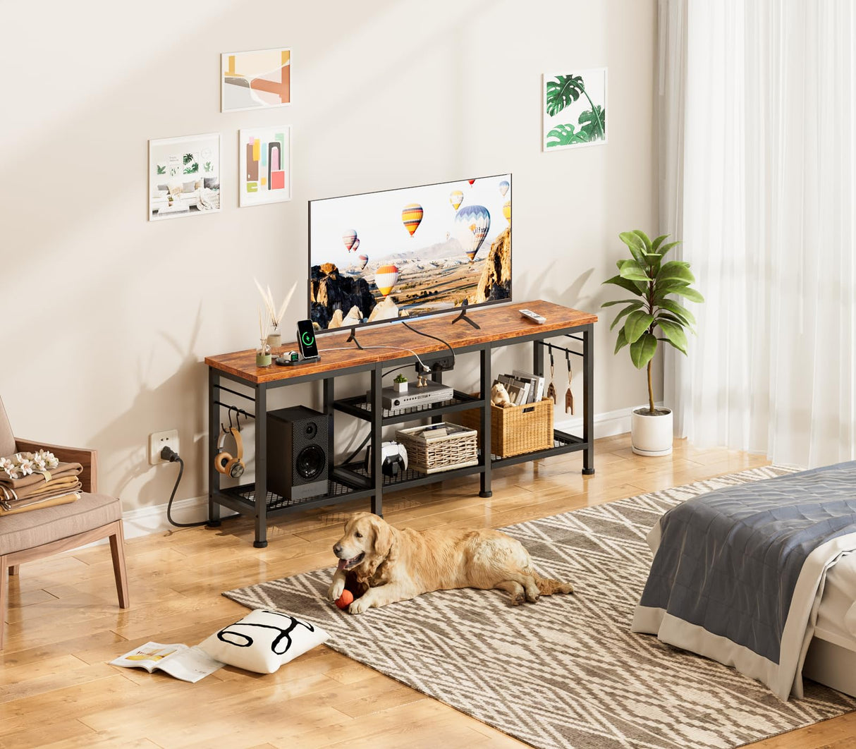 Furologee TV Stand with Power Outlets, Entertainment Center with Open Storage Shelves for TVs up to 55 Inch, TV Media Console Table with Soundbar Shelf for Living Room, Bedroom, Rustic Brown Furologee