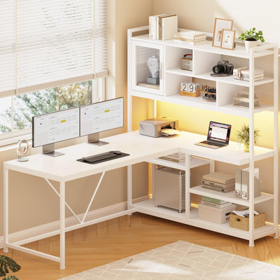 SEDETA L Shaped Computer Desk, 58'' Office Desk with LED Light and Bookshelf, L Shaped Corner Desk with Storage Shelves for Home Office, Gaming Desk, L Desk, White