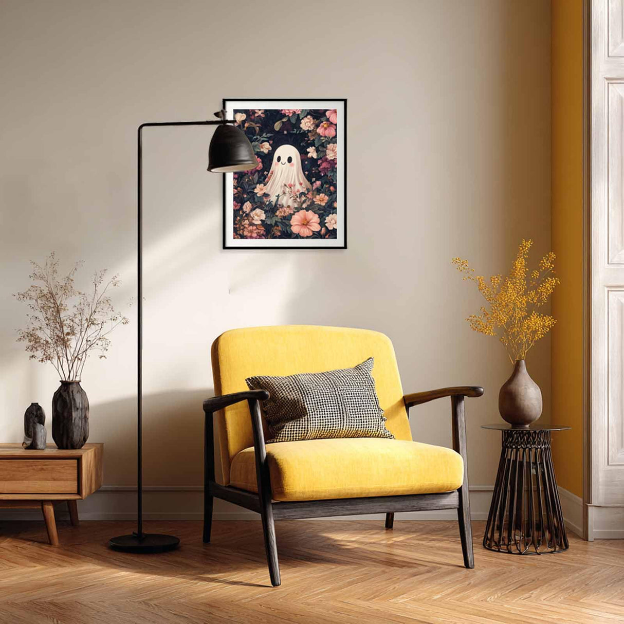 Cawpom Ghost Paint by Number, Halloween Ghosts Paint by Numbers Kit for Adults, Ghost Surrounded by Pink Flowers Poster, Acrylic Painting for Holiday Gift Home Decor(16x20inch, No Frame) Cawpom