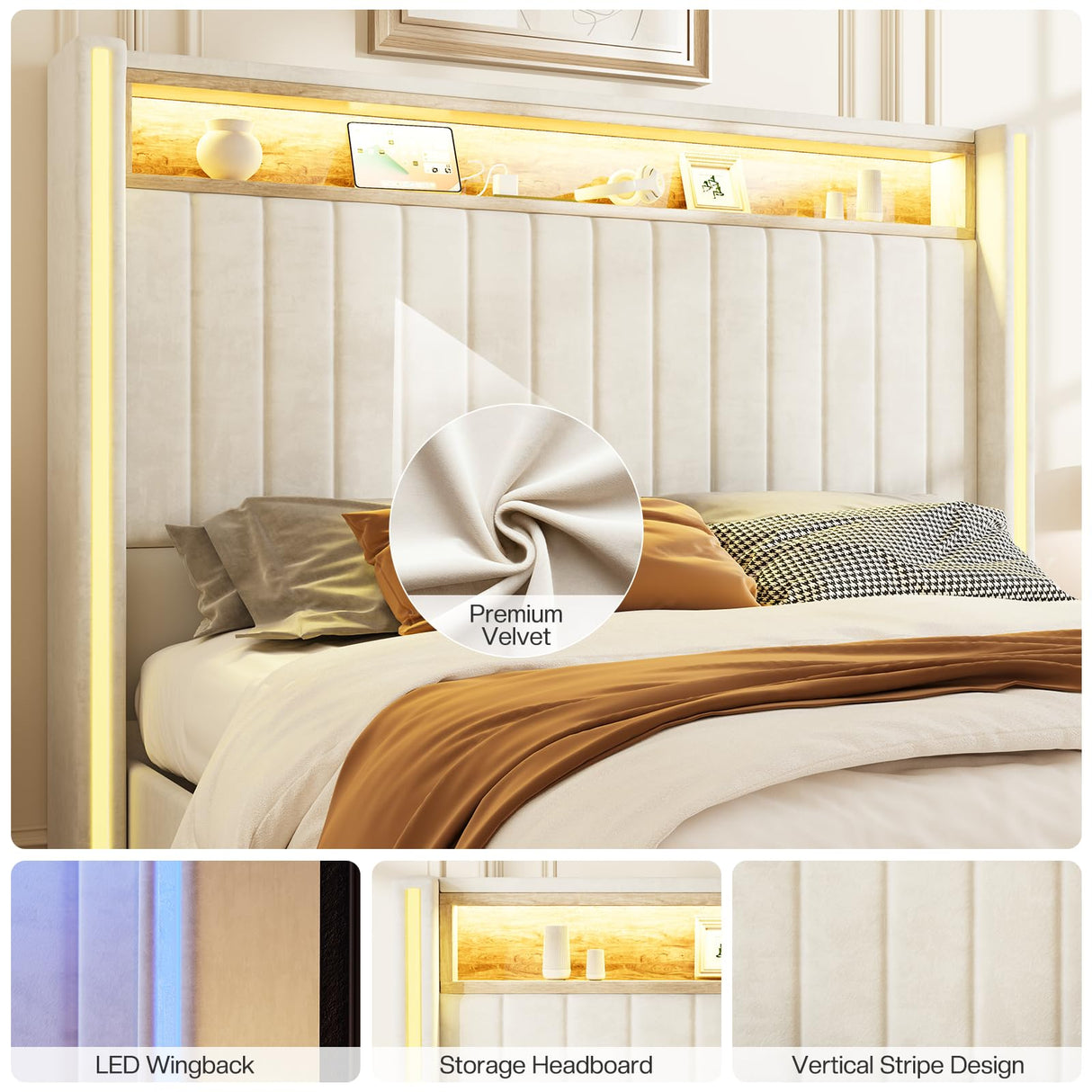 Jocisland King Platform Bed Frame with LED Lights, USB Charging Ports, Tall Velvet Headboard with Wingback Storage, No Box Spring Needed, Easy Assembly, Cream Jocisland