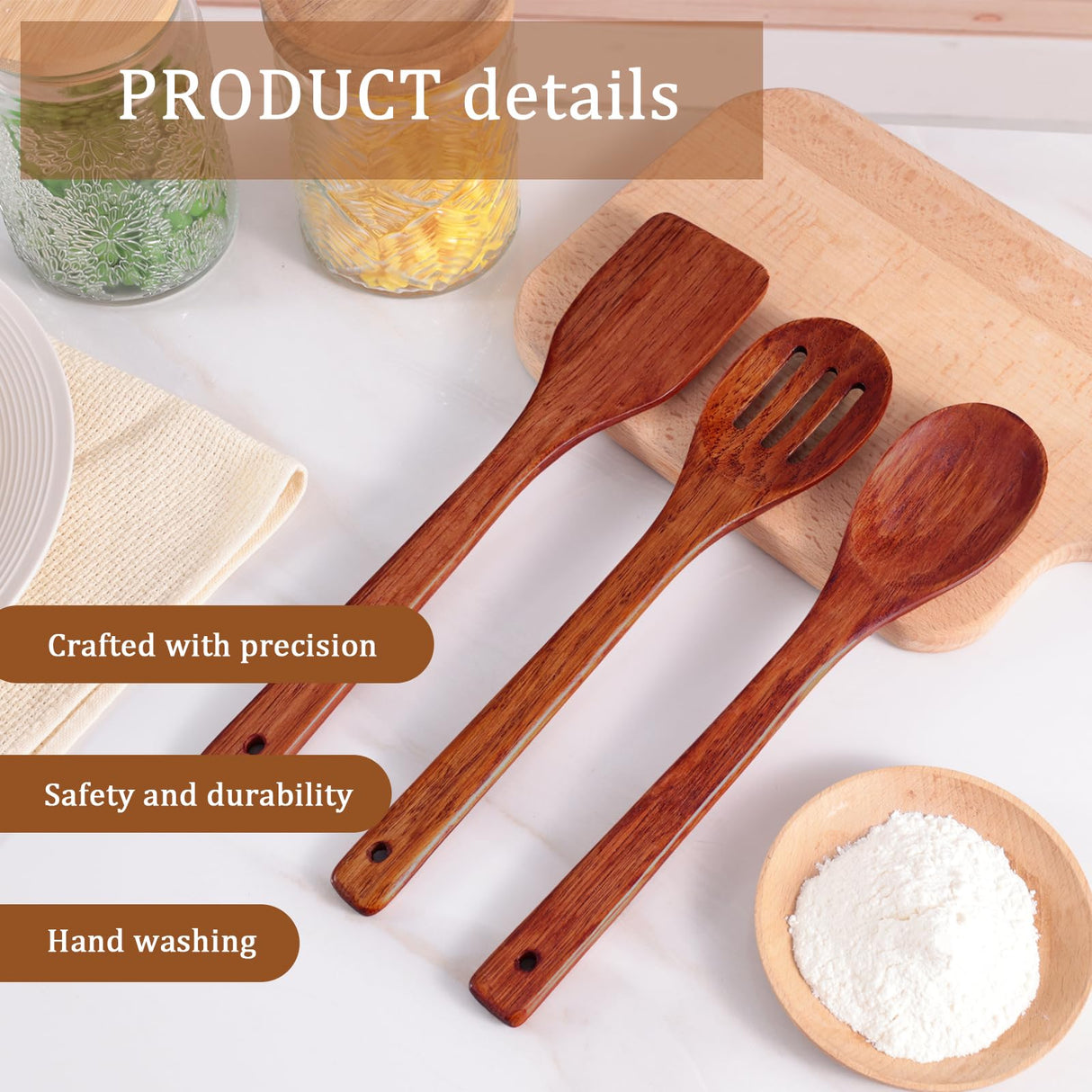 HANSGO 3PCS Wooden Cooking Spatulas, 12inch Wooden Kitchen Utensils Set Dark Brown Wood Spatulas for Cooking Stirring Frying Mixing Sauteing HANSGO