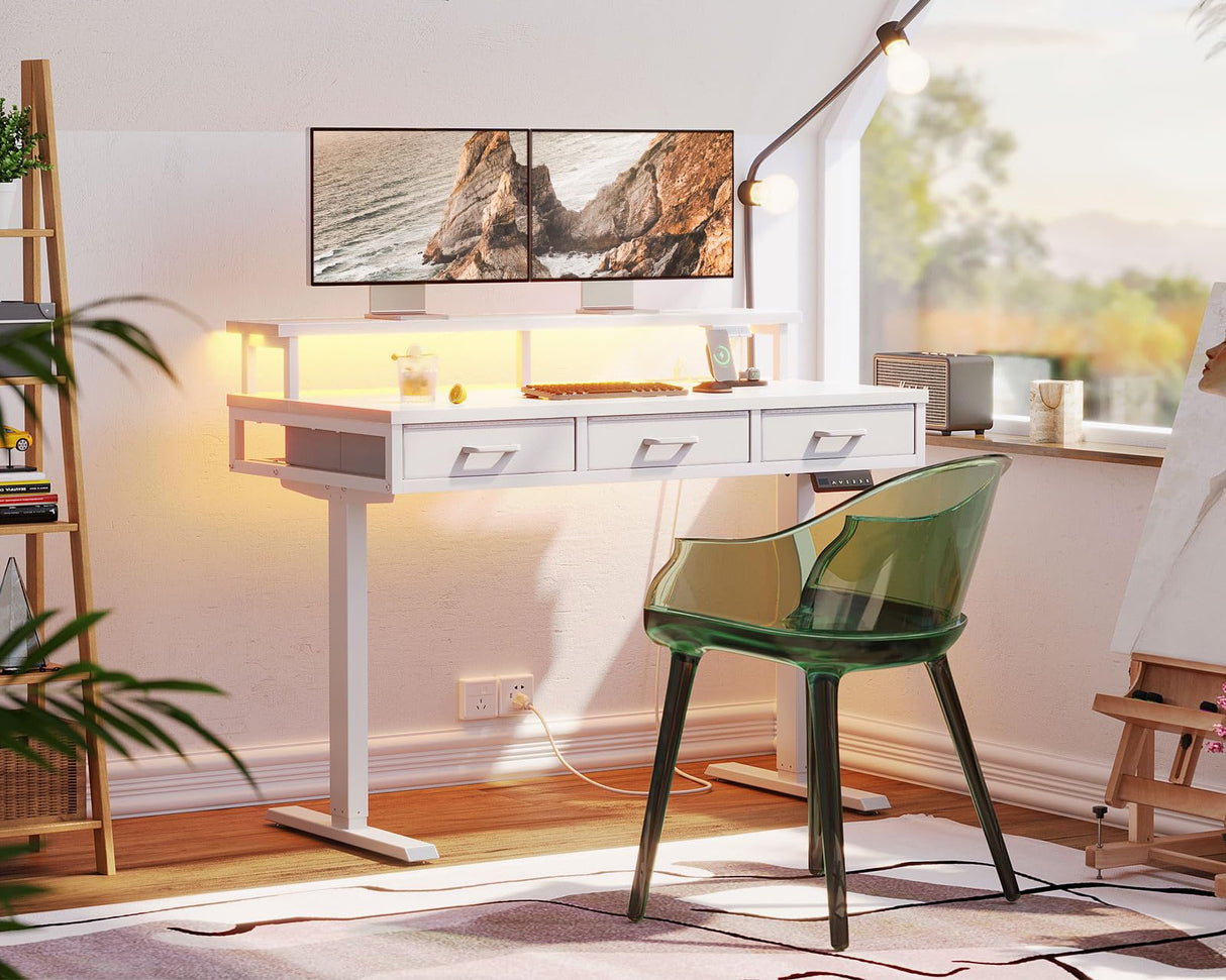AODK Electric Standing Desk with Drawers, 47 Inch Height Adjustable Small Desk with Power Outlets & LED Lights, Sit Stand Table with Monitor Stand for Home, Office, Workstation, White AODK