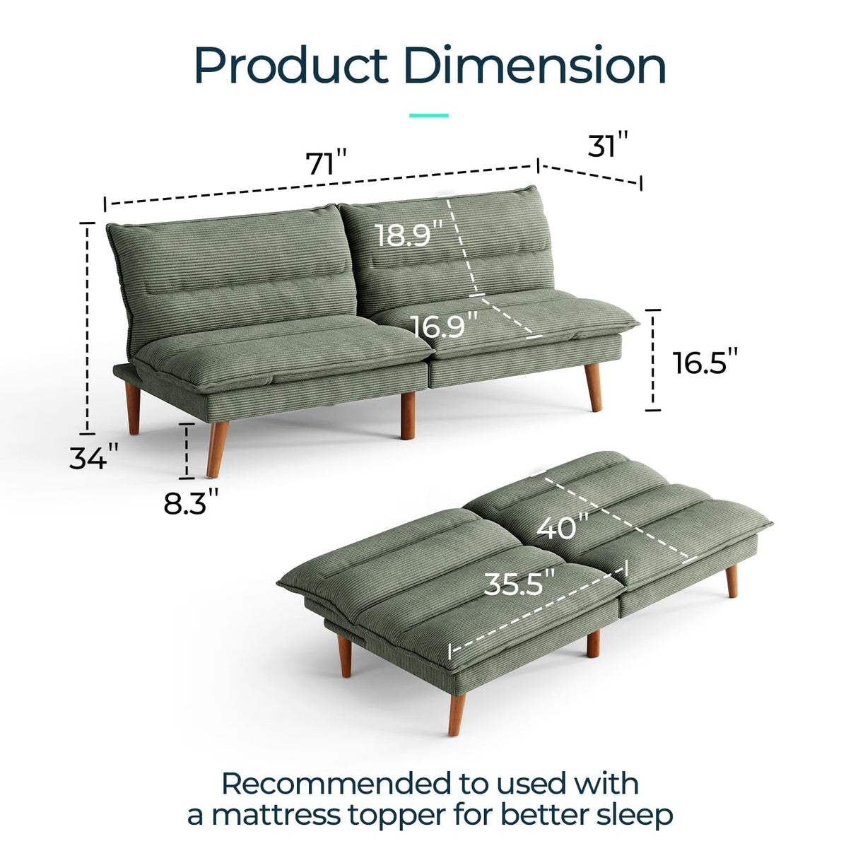 LINSY Futon Sofa Bed: Corduroy Futon Couch with Adjustable Backrest, Comfy Loveseat Convertible Folding Sleeper Sofa Couches for Small Spaces Living Rooms Apartment Office, Green LINSY