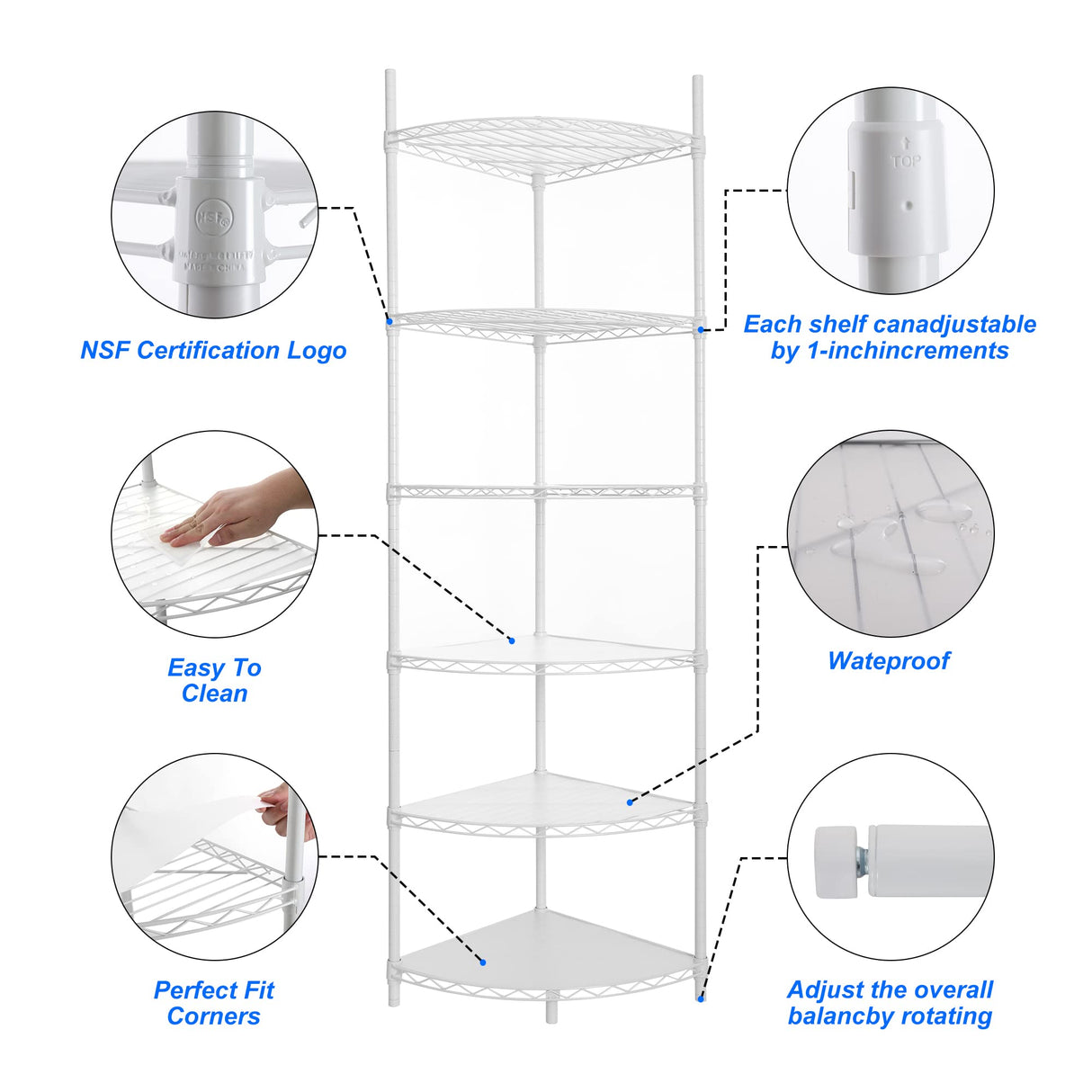 6 Tier NSF Metal Corner Shelf Wire Shelving Unit, 420lbs Capacity Heavy Duty Adjustable Storage Rack with Shelf Liners for Closet Kitchen Bathroom Garage Basement, 72" H x 18" L x 18" D - White pouseayar
