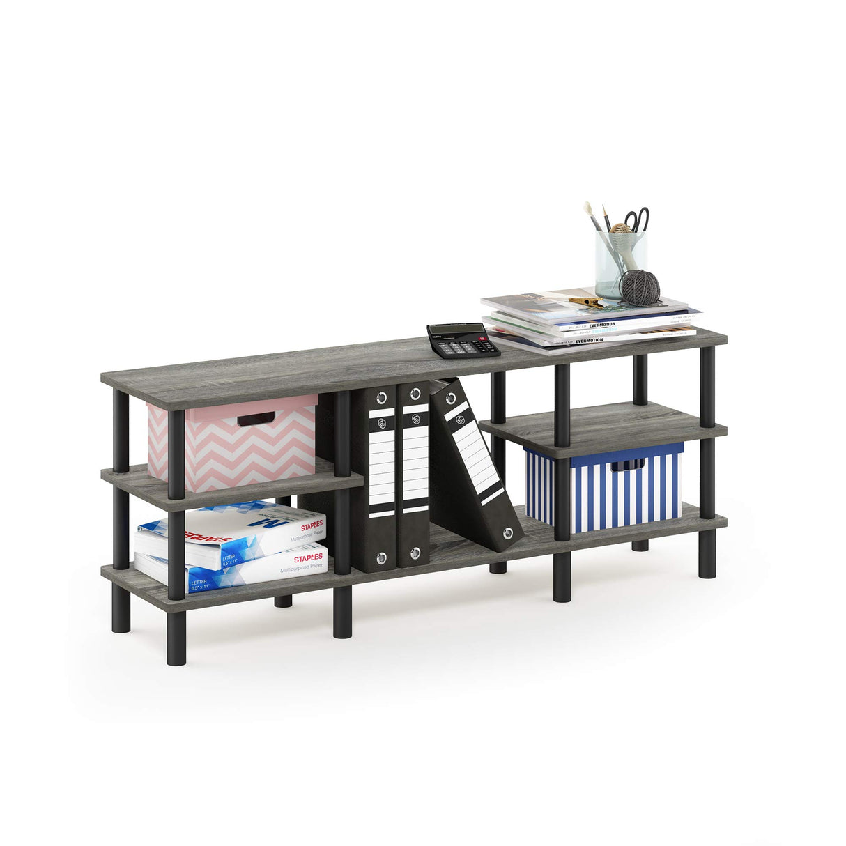 Furinno Turn-N-Tube 3-Tier Multipurpose Wide Shelf TV Stand, French Oak Grey/Black Furinno