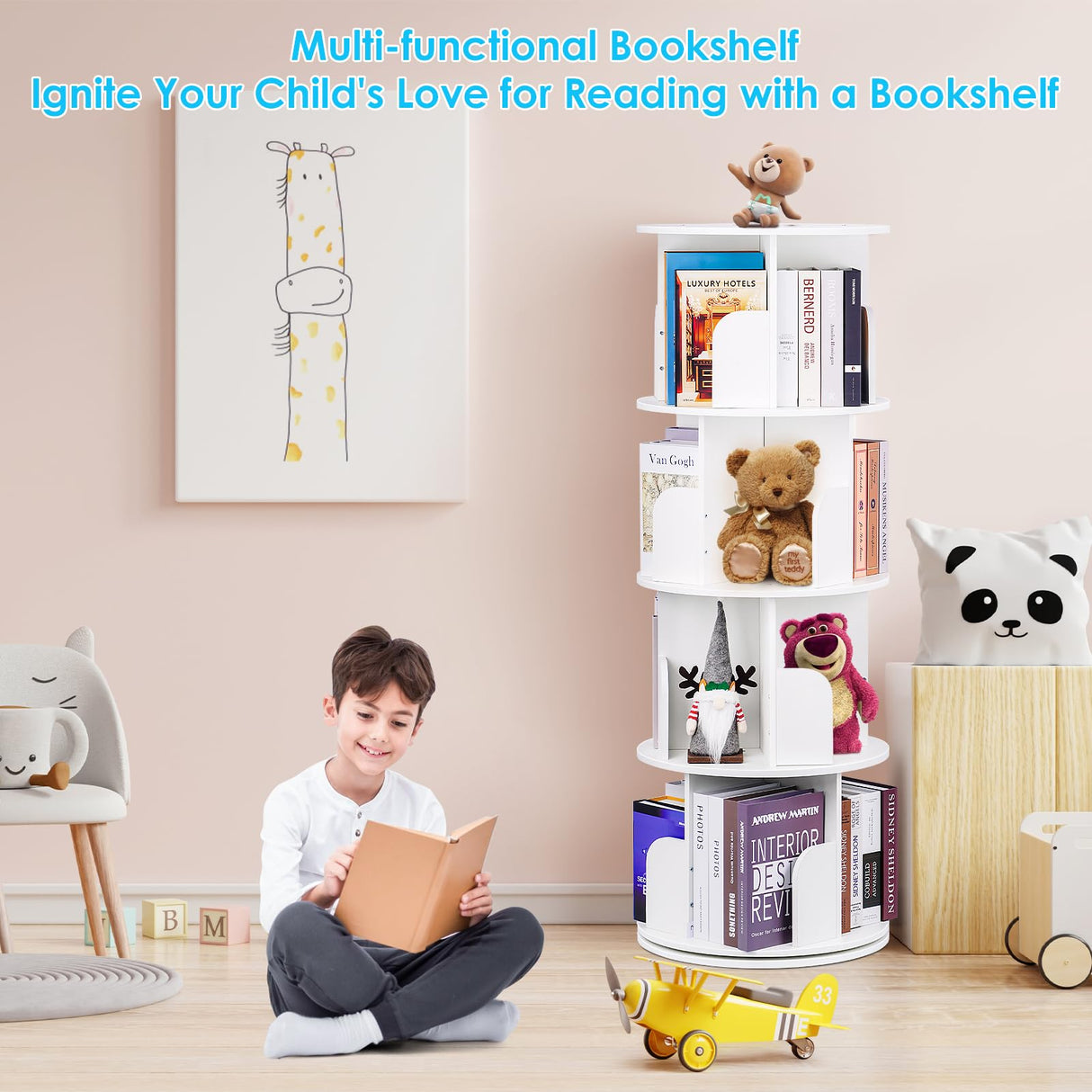 4-Tier 360-Degree Rotating Bookshelf for Kids - Space-Saving Corner Storage Rack in White ABTOR