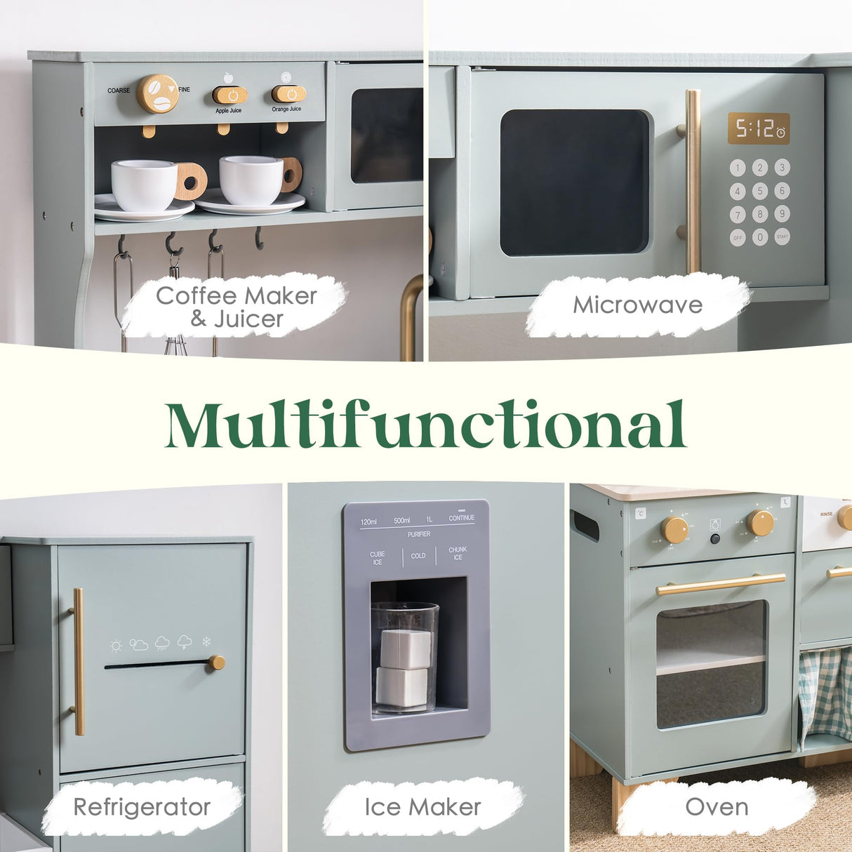 ROBUD Play Kitchen Set, Wooden Play Kitchen with Ice Maker, Fridge, Coffee Machine, Oven, Dishwasher, Microwave, Kitchen Accessories, Toy Kitchen Gift for Boys Girls, 3+ ROBUD