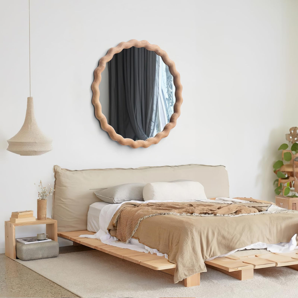 Irregular Wall Mirror,Wood Round Farmhouse Mirror Unique Vanity Mirror,24" Nature Wooden Modern Bathroom Mirror for Washroom Living Room Bedroom GLCS GLAUCUS