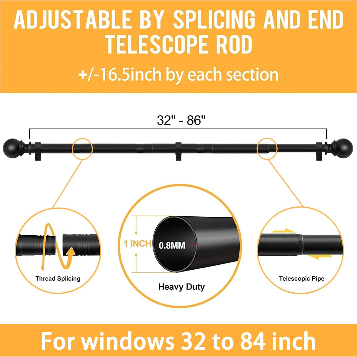 Zeerobee Curtain Rods for Windows 48 to 84, Adjustable Heavy Duty Wrap Around 1 Inch Curtain Rod, Outdoor Indoor Room Divider Modern Drapery Pole, Black, 32-86" zeerobee