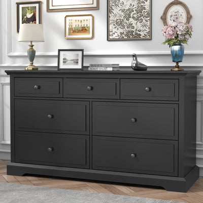 Loomie 7 Drawers Black Double Dressers Chests for Bedroom, Large Storage Dressers Organizer for Bedroom, Long Dresser Tv Stand, Vintage Solid Tall Closet Dressers with Storage for Living Room, Hallway