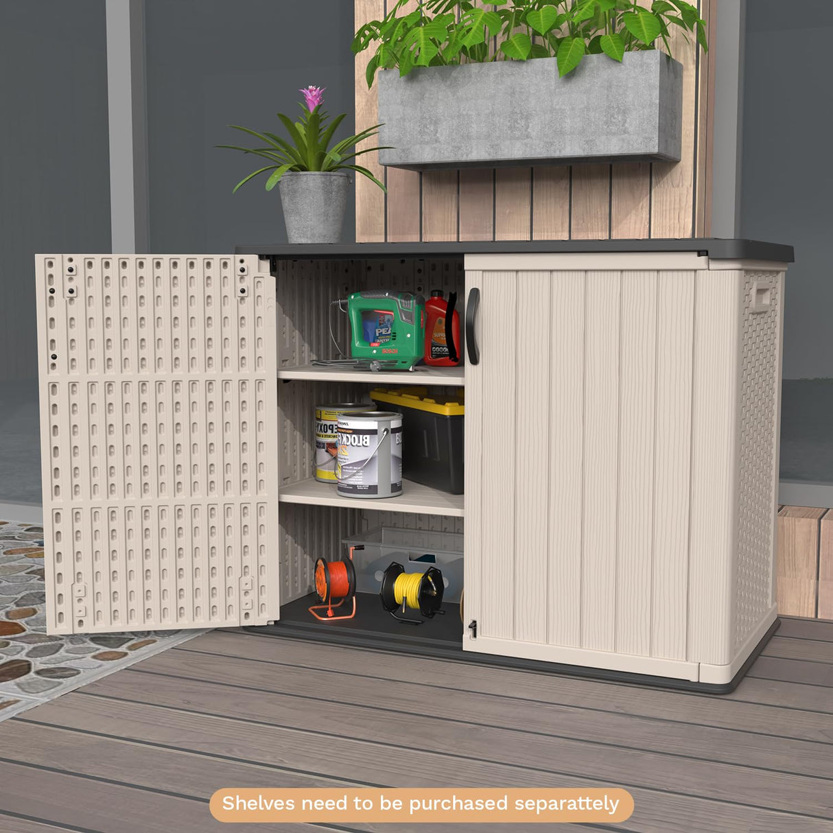 Patiowell 26 cu.ft Plastic Outdoor Storage Shed, Lockable Waterproof Resin Outdoor Storage Cabinet Tool Shed for Garden Tools, Garbage Cans, Pool Supplies, Beige(Not Include Shelves) Patiowell