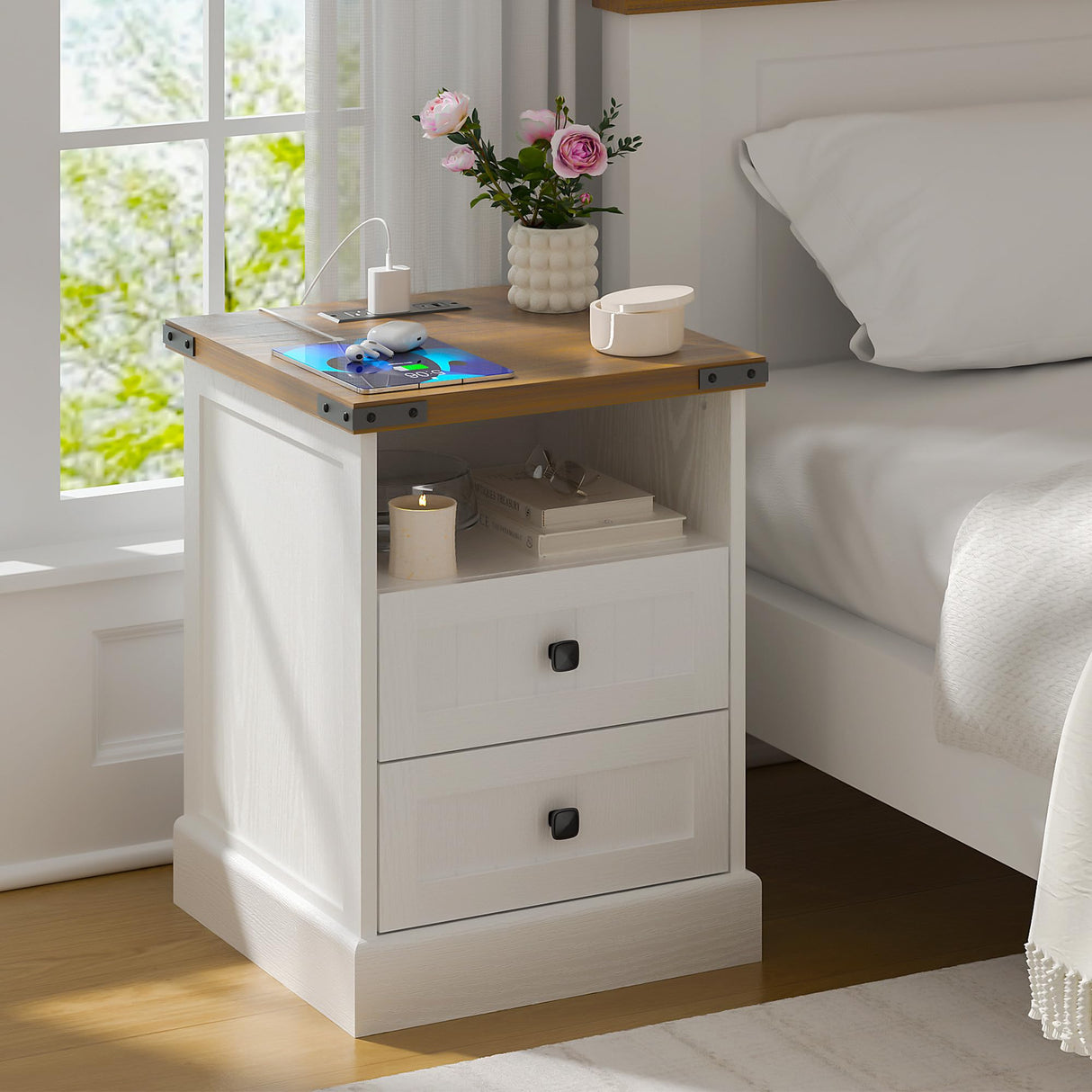 AntsandAnts White Farmhouse Nightstand Set of 2,Wood End Tables Bedroom with Charging Station,Metal Corner Night Stand with 2 Drawers for Living Room,Bedside Table Furniture AntsandAnts