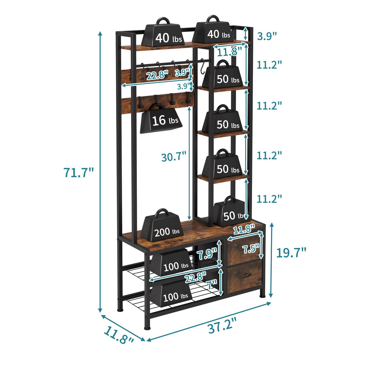 LUMTOK Hall Tree with Bench Storage and Shoes Storage, Hall Tree with Drawers and Shelves for Bedroom, 6-in-1 Entryway Organizer with Shelves, Living Room, Entryway, Closets (Rustic Brown) LUMTOK