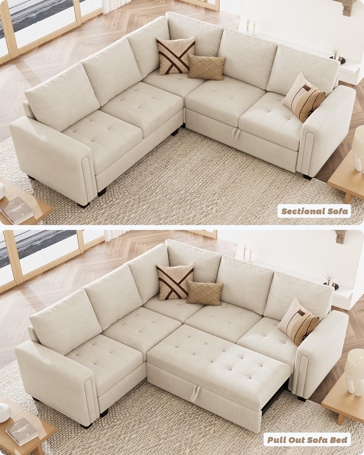Belffin Modular Sectional Sleeper Sofa with Pull Out Couch Bed Velvet Convertible L Shaped Sectional Couch for Living Room Apartment Beige Belffin