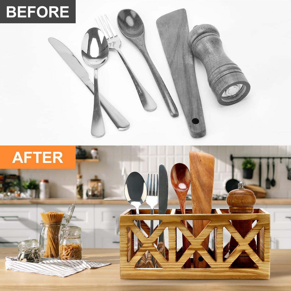 Wooden Cutlery Silverware Holder Flatware Caddy Wood Utensil Holder for Kitchen Counter Decor Small Silverware Organizer Countertop Spoon and Fork Holder Table Utensil Caddy for Party Cutlery Basket Ayiaren