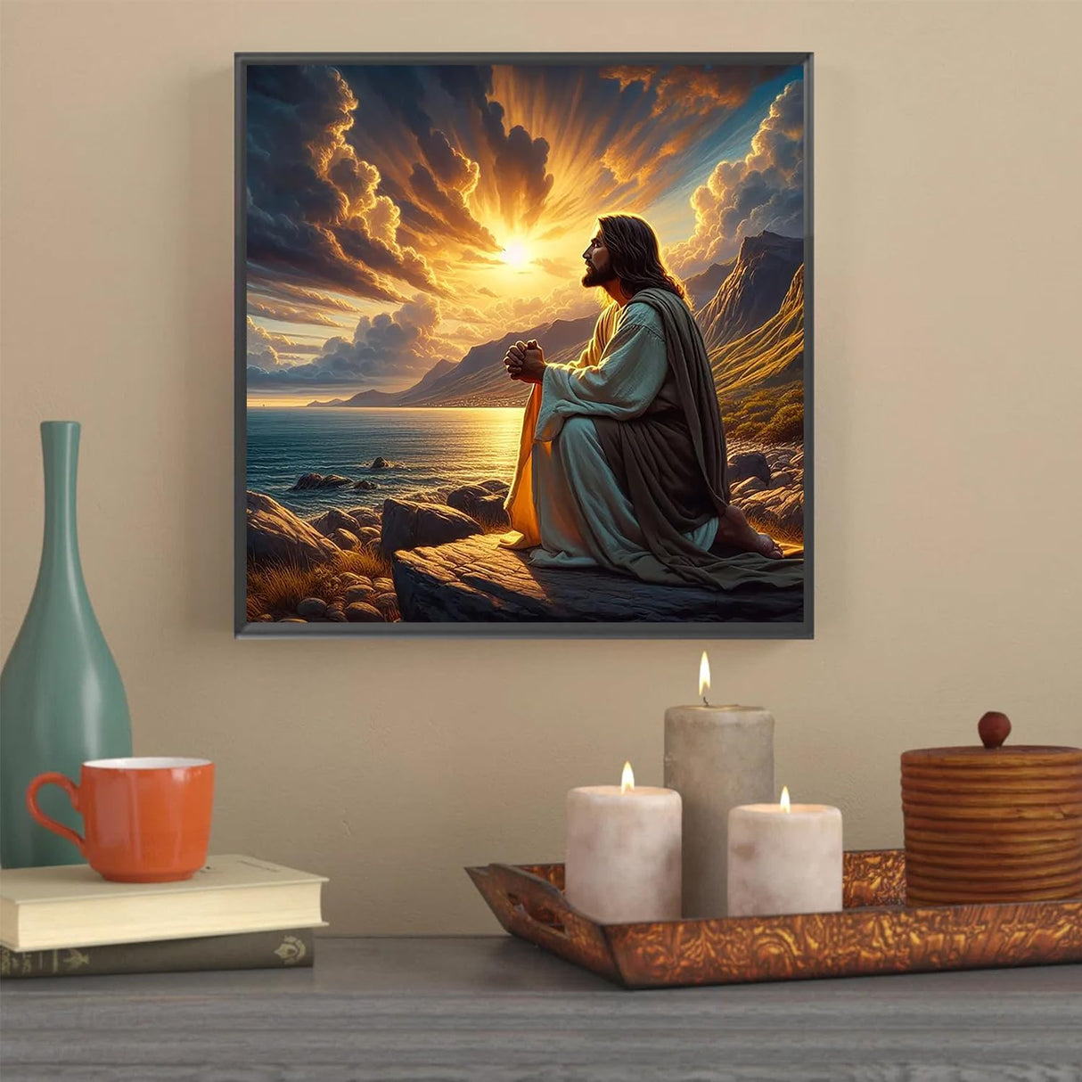 YQFCZDQ Jesus Christ Prayer Diamond Art Kits for Adults,Sunset Landscape 5D Diamond Painting Kits for Beginner,DIY Round Full Drill Diamond Dots Paintings Picture Gem Art&Crafts Home Decor 13.8x13.8in YQFCZDQ