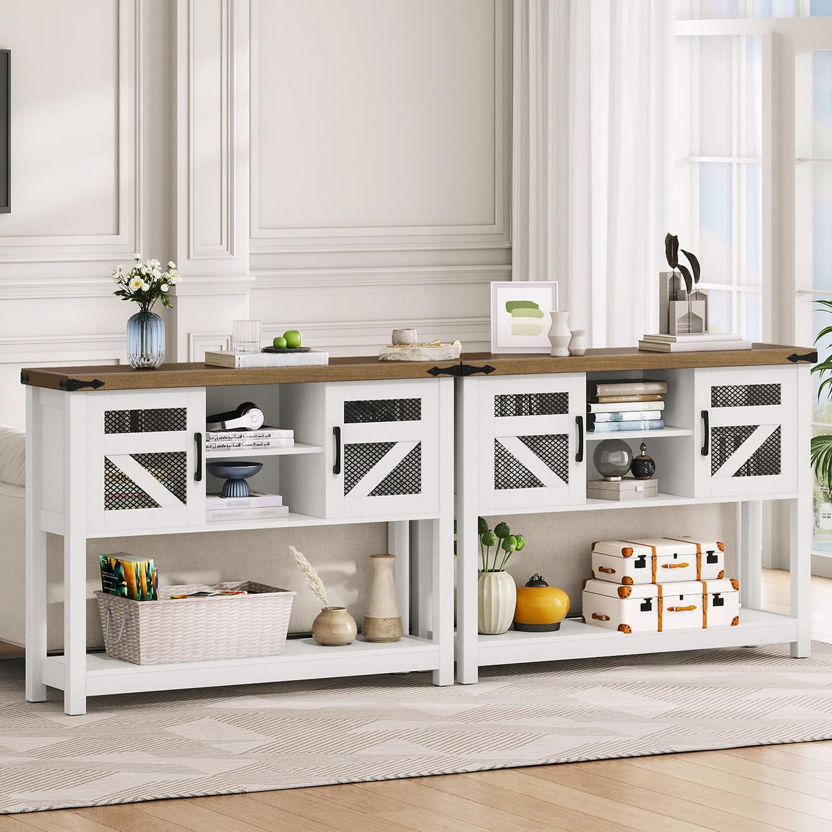 HOOBRO Farmhouse Entryway Table with Storage, 43.3" Small Console Tables for Entryway, Rustic Hallway Table, with Open Shelf and 2 Cabinets, Hall Tables for Entryway Narrow, White and Walnut WH110XG01 HOOBRO