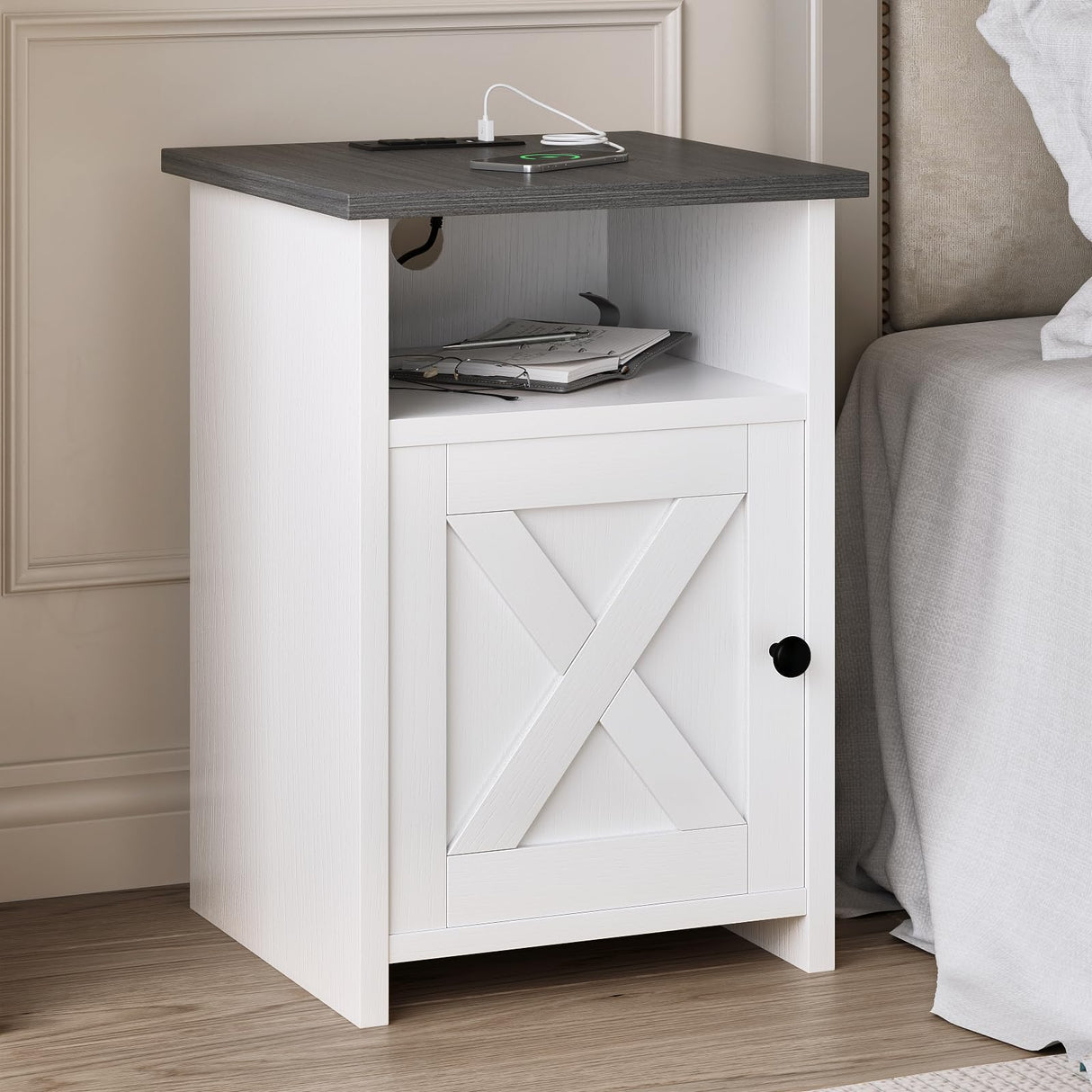 AURINEST Farmhouse Night Stand Set of 2 with Charging Station, End Tables with USB Ports&Power Outlets, Rustic Bed Side Table with Barn Door and Shelf for Living Room, Bedroom, Small Spaces, White AURINEST