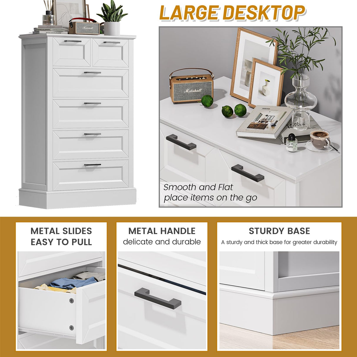Odeekea White Dresser with 6 Drawers, Vertical Tall Dresser for Bedroom, Wood Dresser for Hallway, Living Room, Chest of Drawers for Nursery, Entryway, 47” Tall Modern Farmhouse Style Dresser ZLWJGY