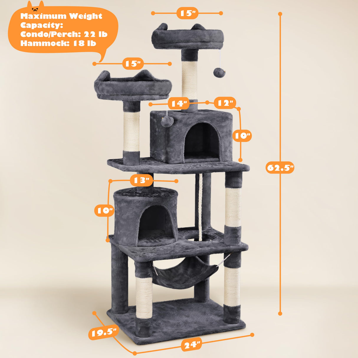 Yaheetech 62.2inches Cat Tree Cat Tower Cat Condo with Platform & Hammock, Scratching Posts for Kittens Pet Play House with Plush Perch for Indoor Activity Relaxing Yaheetech