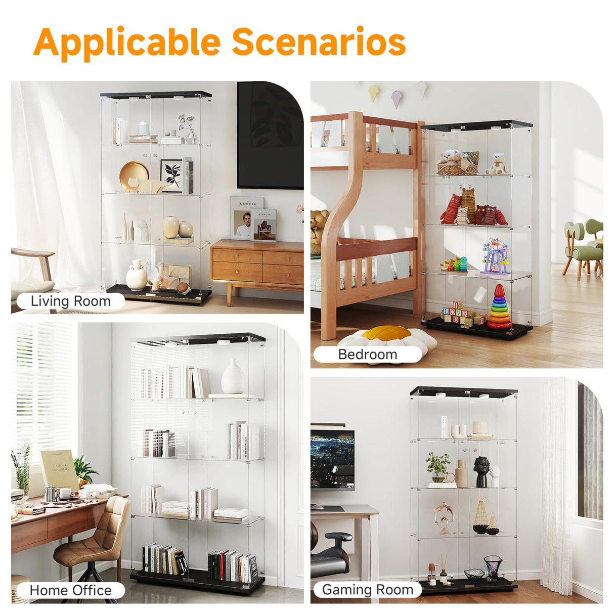 Zevemomo Tempered Glass Display Cabinet with Lights, 4-Tier Curio Cabinet with Glass Doors and Lock, Glass Display Case for Collectibles, for Living Room, Bedroom, Office, Black, Double Door Zevemomo