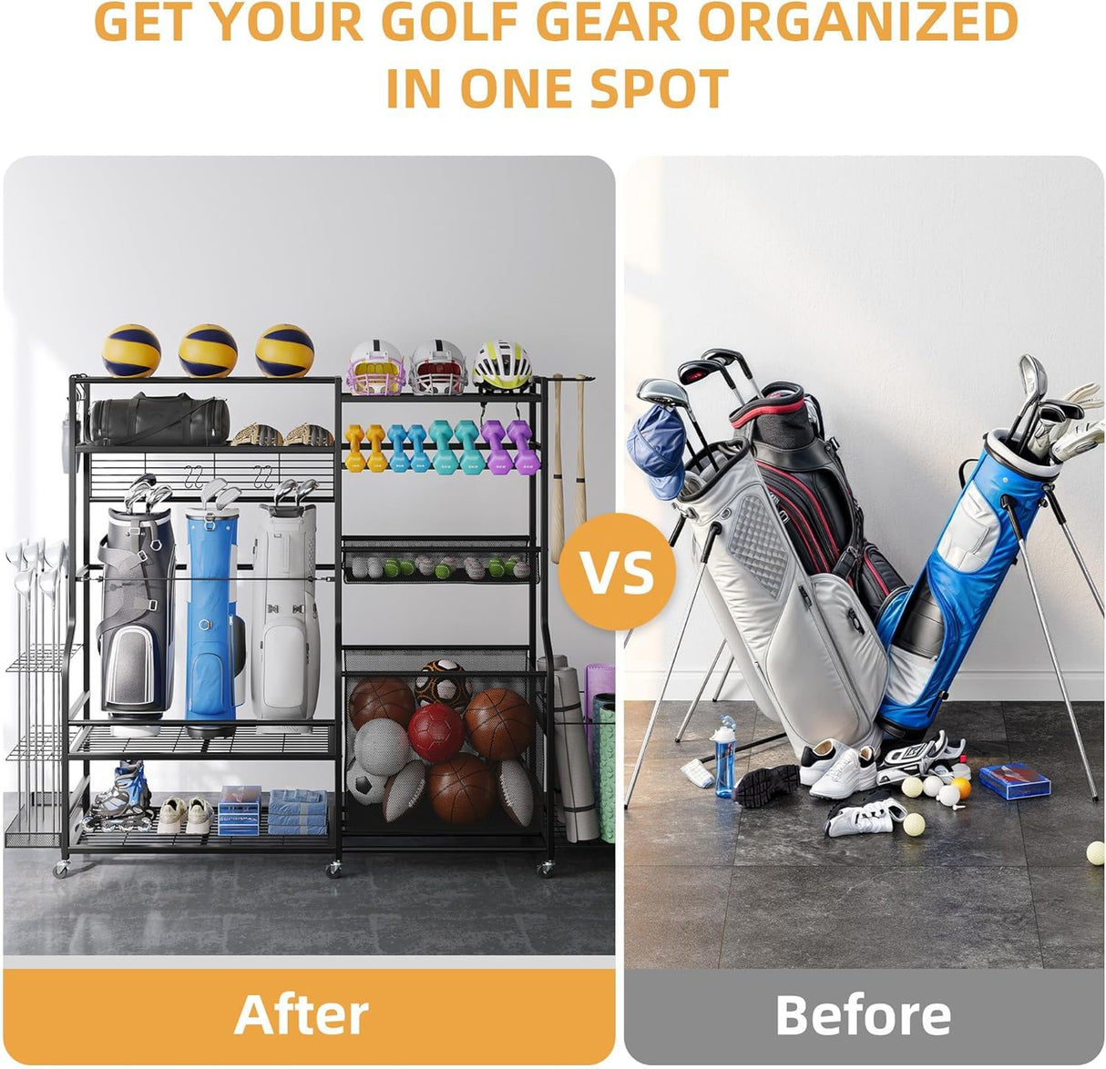 DWVO Sports Equipment Organizer, 3 Golf Bags Storage Stand with Wheels, Sport Gear Accessories Rack and Ball Organizer Bin for Garage DWVO