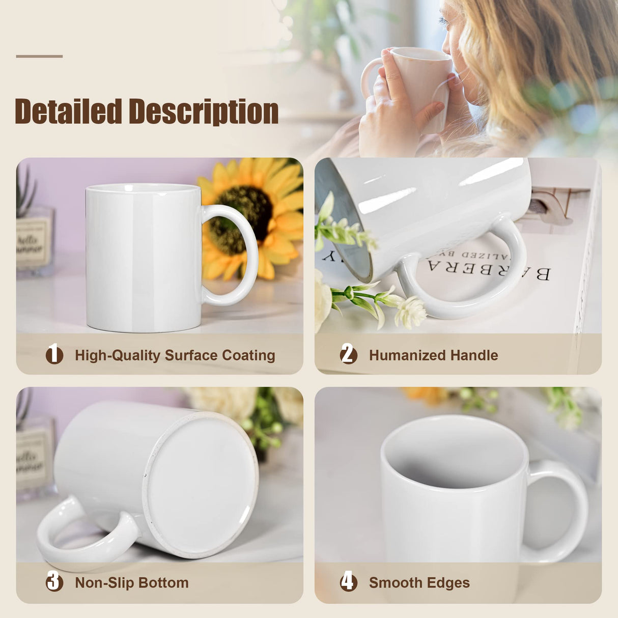 AGH 16pcs 11 Oz Sublimation Mugs Blank, White Coffee Ceramic Mugs Bulk, Plain Mug Cups for Sublimation with Bamboo Lids and Stainless Steel Spoon For Coffee, Soup, Tea, Milk, Latte, Hot Cocoa AGH